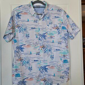 IZOD Saltwater Short Sleeve Button-Down — Tropical Island Print — Size L